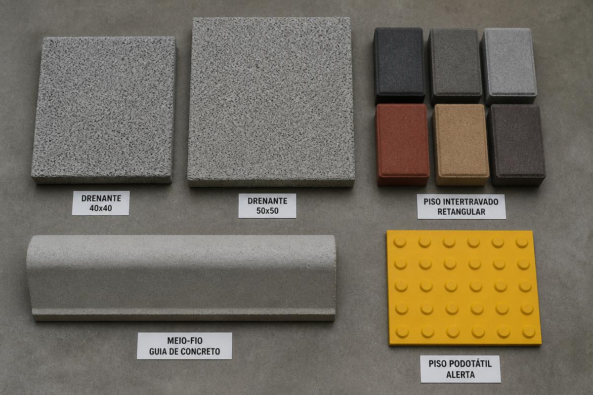 Amostras de paver, drenante, meio-fio e podotátil de concreto